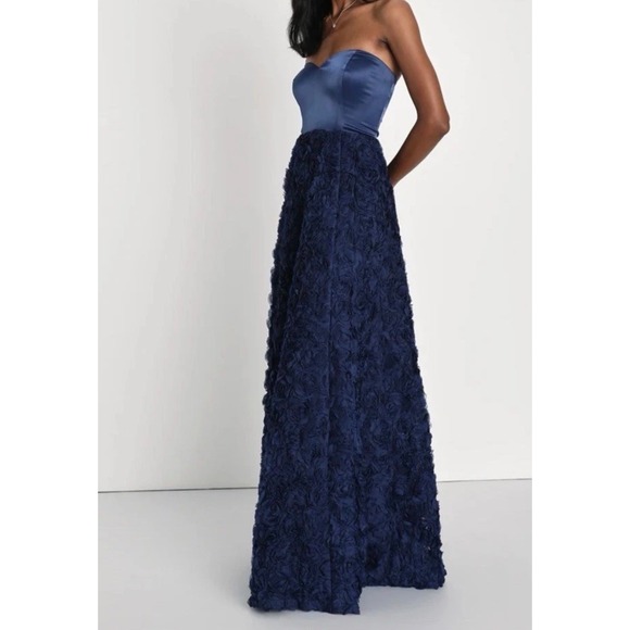 Lulus Dresses & Skirts - NEW Lulus Navy Blue Satin Strapless 3D Rosette Floral Maxi Gown XS Dress